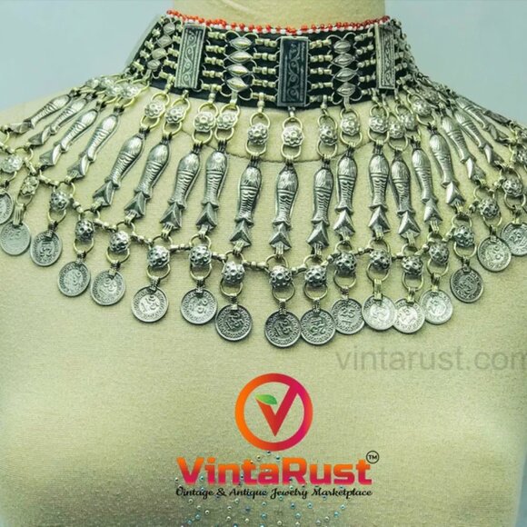 Tribal Choker Necklace With Fish Motifs and Vintage Coins, Afghan Fish Choker - Picture 1 of 9